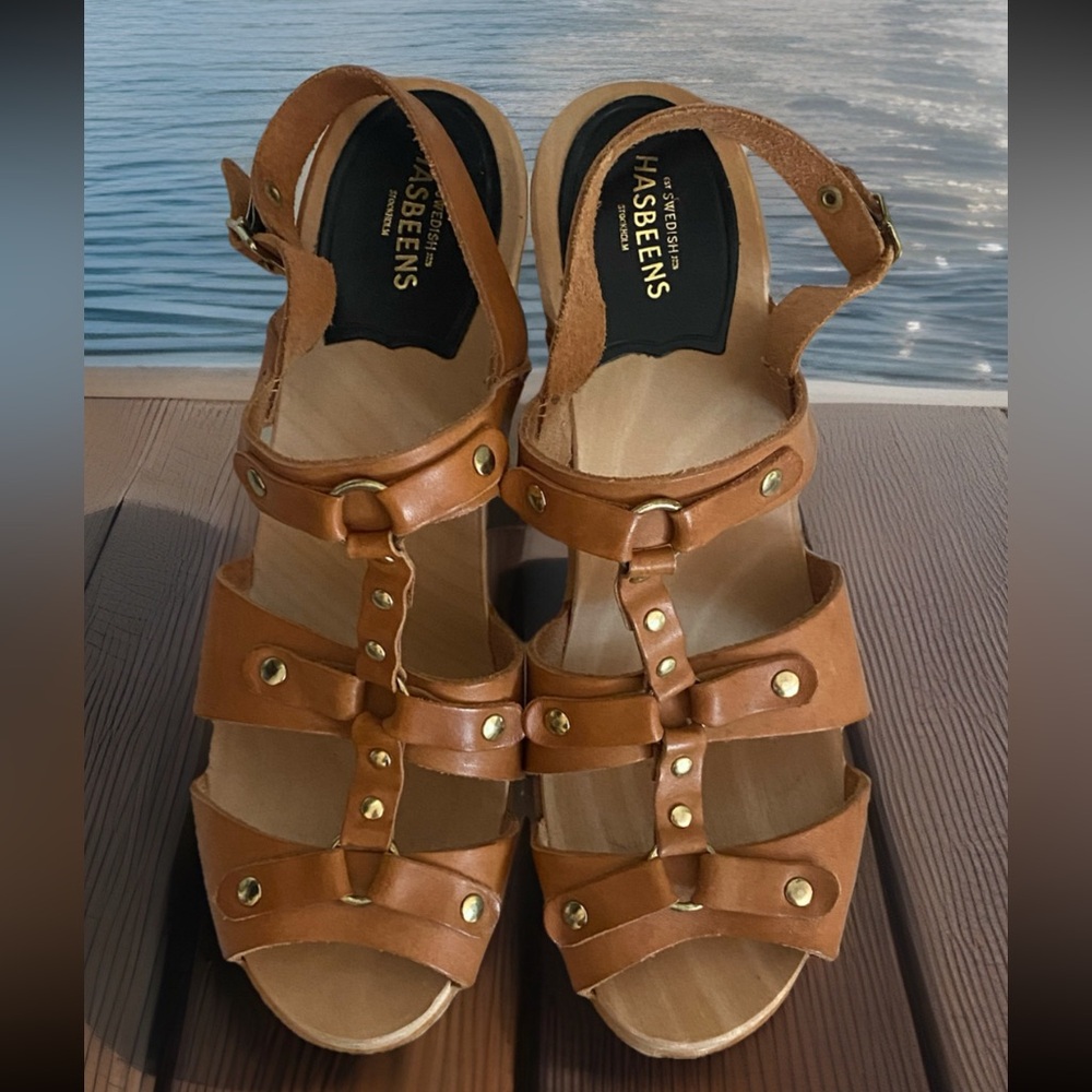 Swedish Hasbeens Leather Natural Tan Slingback Sandals Clogs EU 40/US 9.5